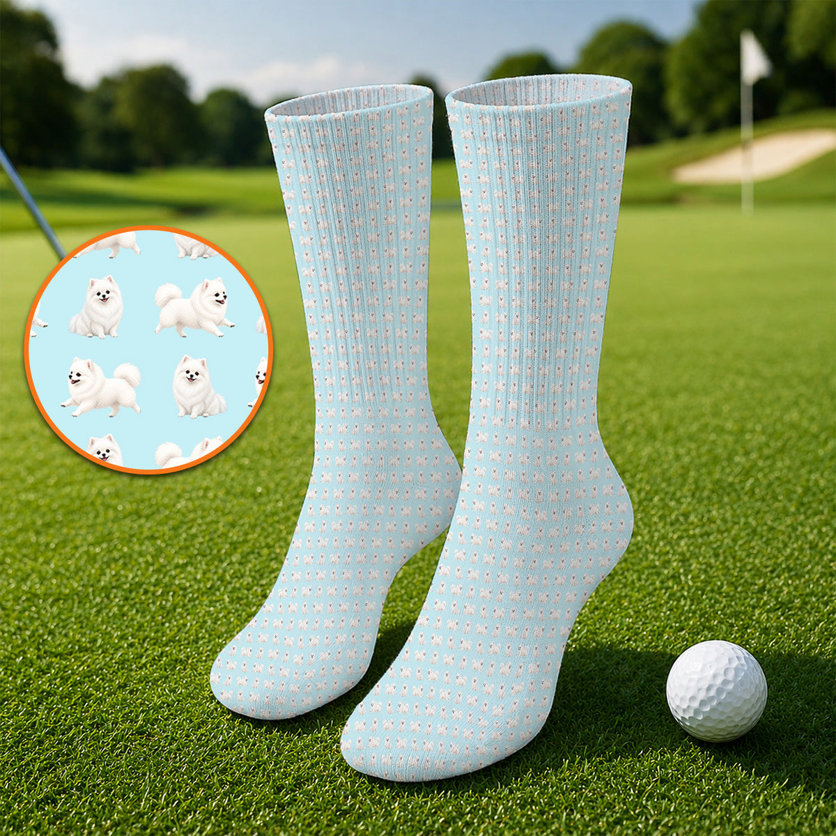 White Pomeranian Pattern Golf Socks, Cute Pomeranian Dog Golf Sock, Crazy Golf Gift For Golfer