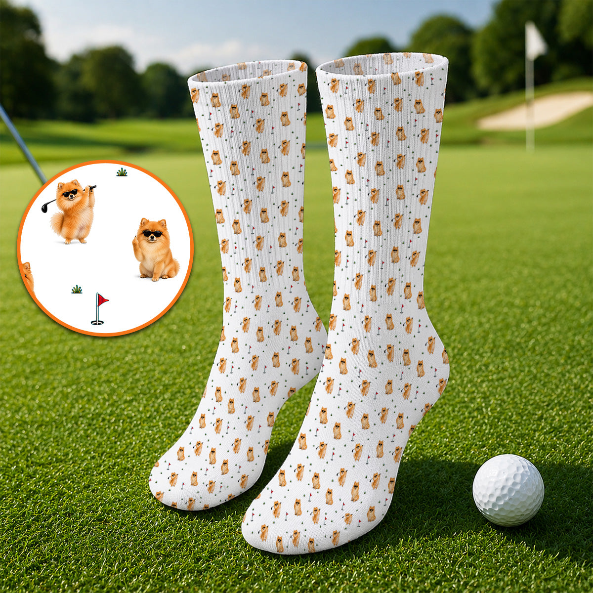 Golden Pomeranian Pattern Golf Socks, Cute Pomeranian Dog Golf Sock, Golf Gift For Golfer