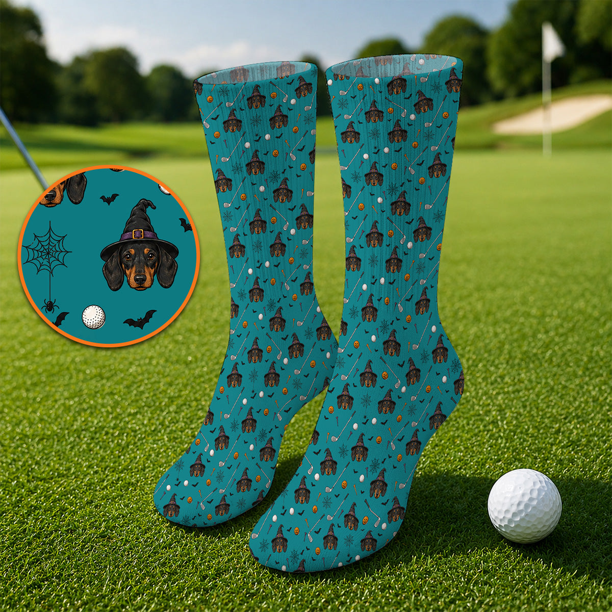 Witch Dachshund Golf Socks, Halloween Wiener Dog Pattern Golf Sock, Golf Gift for Golfer