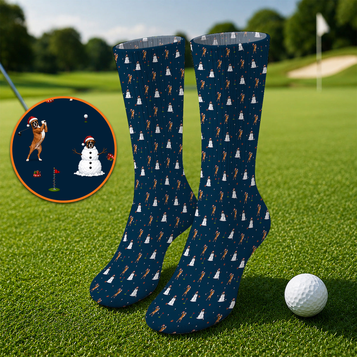 Boxer Christmas Golf Socks, Funny Boxer Pattern Golf Sock, Holiday Golf Gift for Dog Lovers