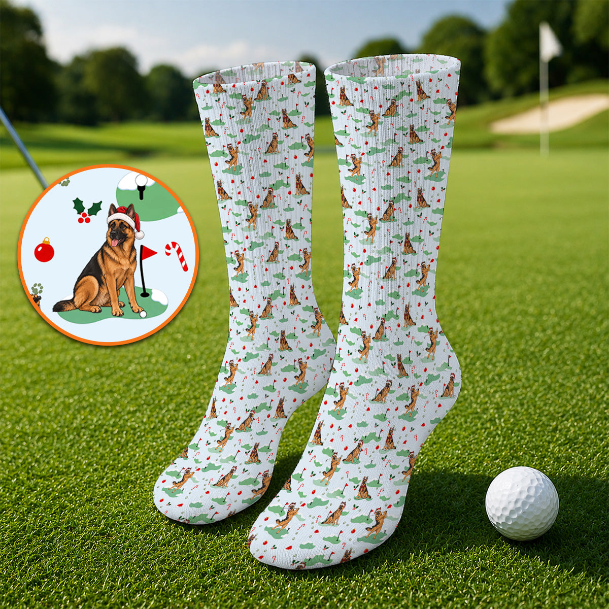 Funny German Shepherd Christmas Golf Socks, German Shepherd Pattern Golf Sock, Xmas Golf Gift for Golfers