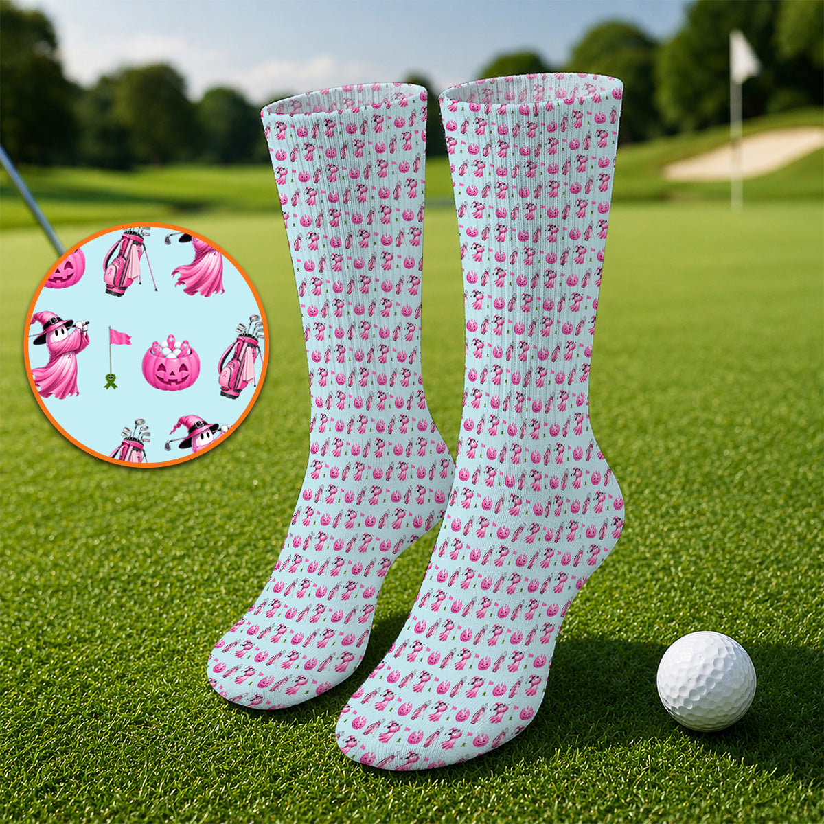 Pink Pumpkin Swing Breast Cancer Awareness Golf Socks, Halloween Golf & Pink Ribbon Pattern Sock, October Golf Gift For Golfer