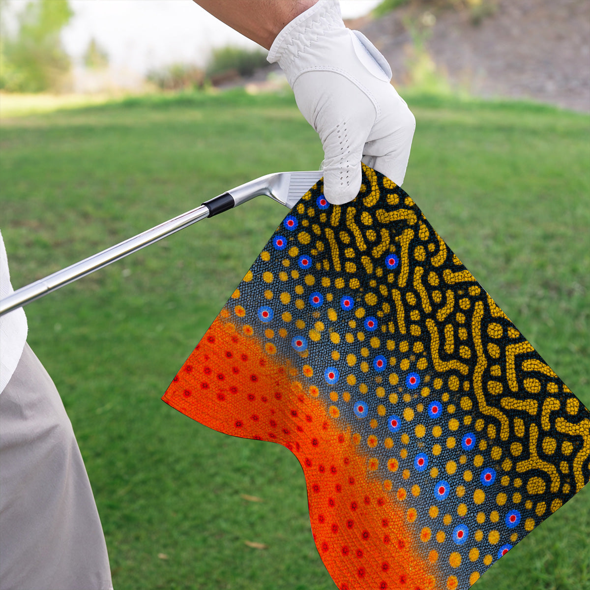 Brook Trout Skin Golf Towels, Vibrant Orange Spotted Fish Scale Pattern Golf Towel, Crazy Golf Gift For Golfers
