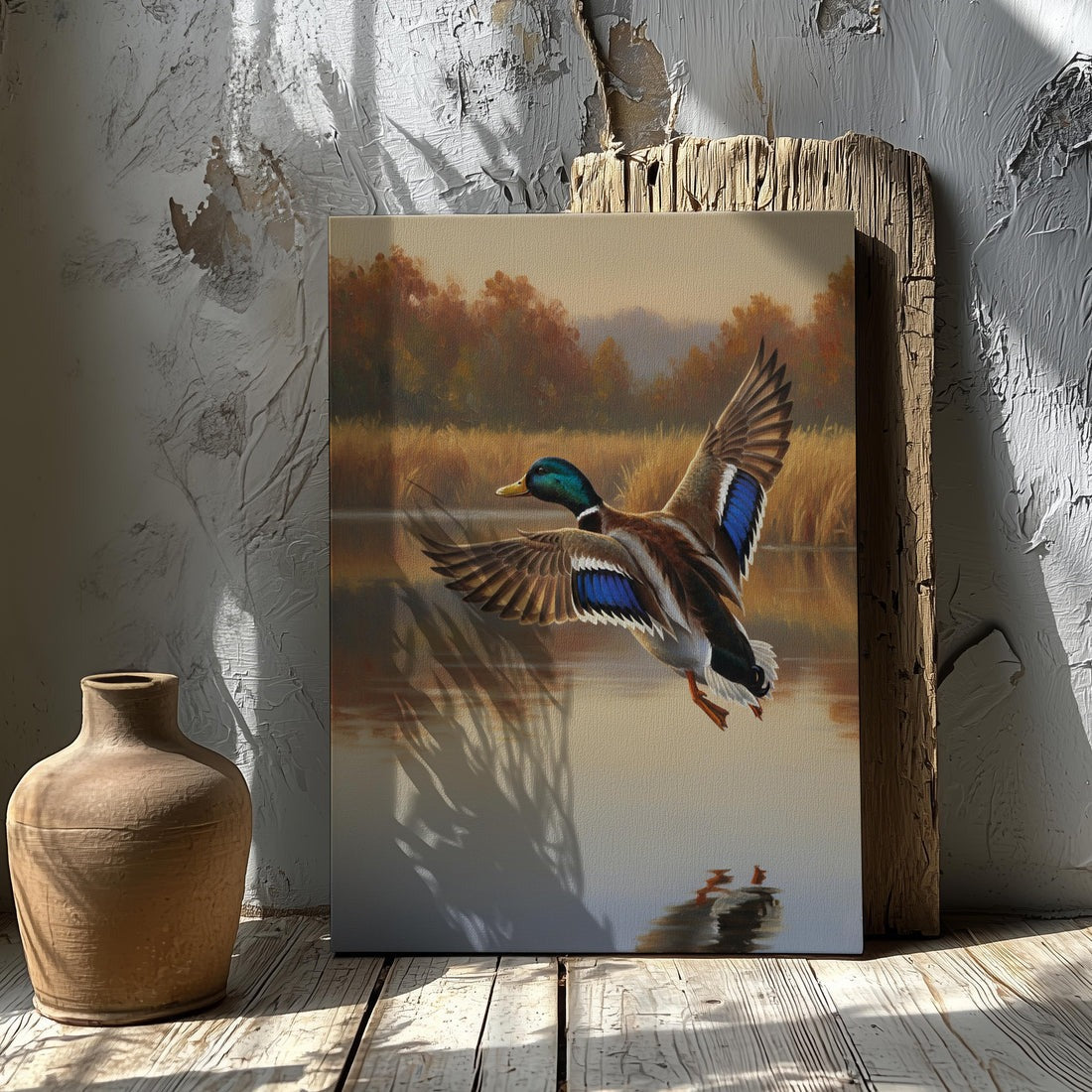 Duck Hunting Wall Art Canvas, Mallard Duck In Flight Over Lake Print, Cabin Decor For Man Cave