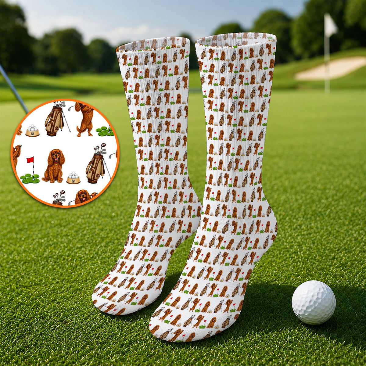 King Charles Cavalier Spaniel Golf Socks For Golfer, King Charles Cavalier Spaniel Pattern Golf Sock, Dog Lover Golf Gift