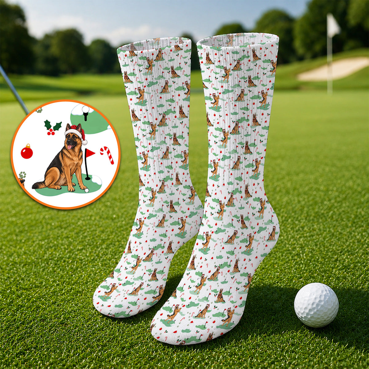 Funny German Shepherd Christmas Golf Socks, German Shepherd Pattern Golf Sock, Xmas Golf Gift for Golfers