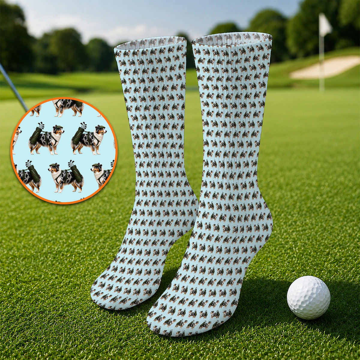 Funny Australian Shepherd Golf Socks, Blue Merle Aussie Pattern Golf Sock, Golf Gift For Golfer