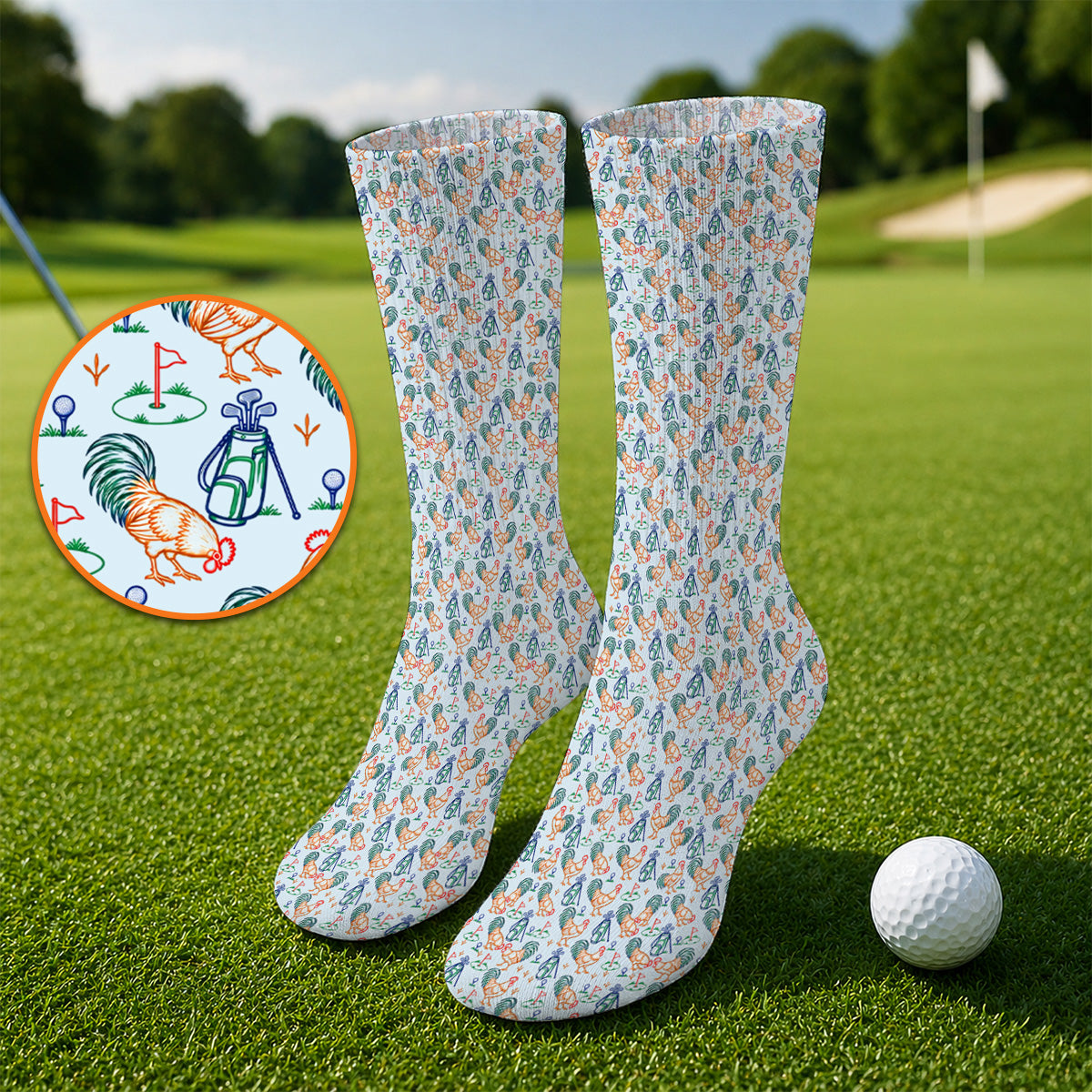 Colorful Rooster Golf Socks, Rooster Pattern Golf Sock For Chicken Lovers, Funny Golf Gift For Golfers