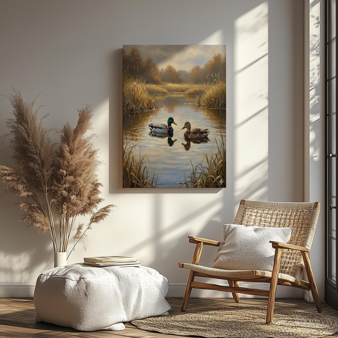 Duck Hunting Wall Art Canvas, Rustic Cabin Decor, Mallard Couple On Lake Print For Man Cave