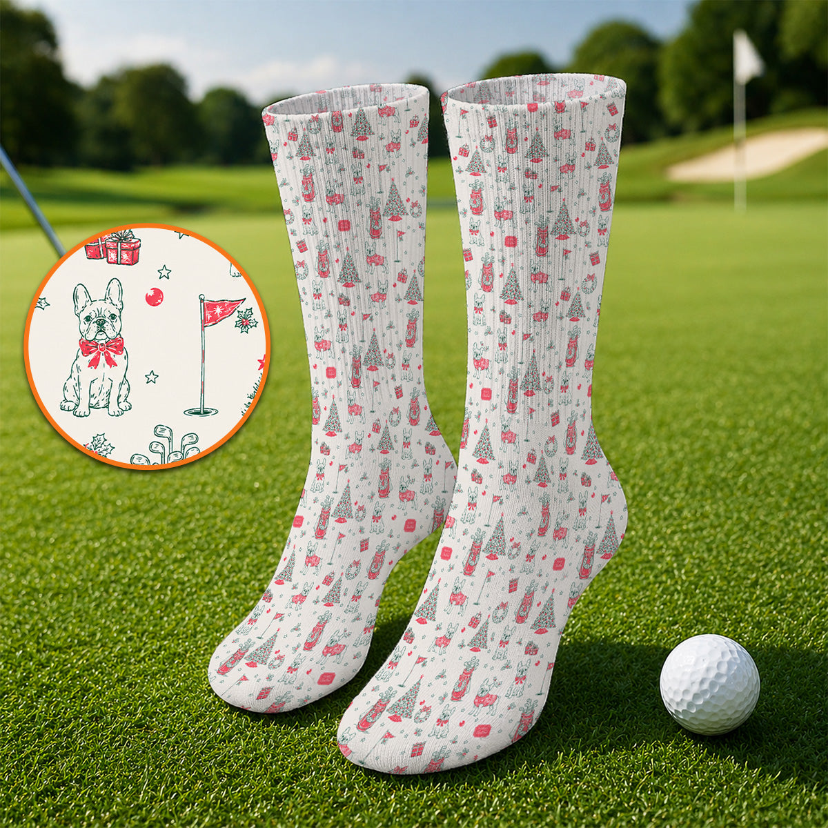 French Bulldog Christmas Golf Socks, Festive Dog Golf Pattern Sock, Funny Xmas Golf Gift for Golfers