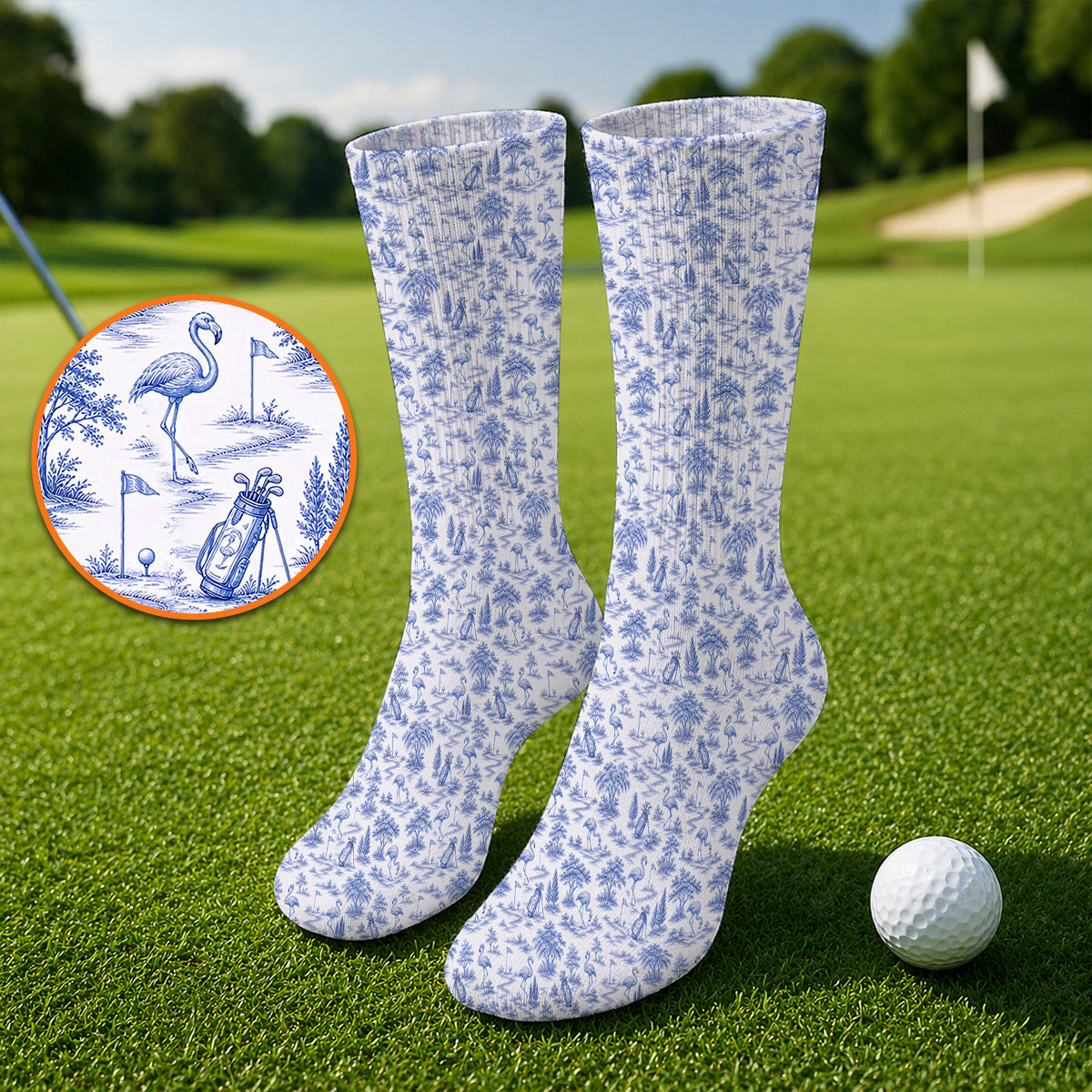 Toile De Jouy Flamingo Golf Crew Sock, Crazy Pink Golf Socks, Golf Gift For Golfer
