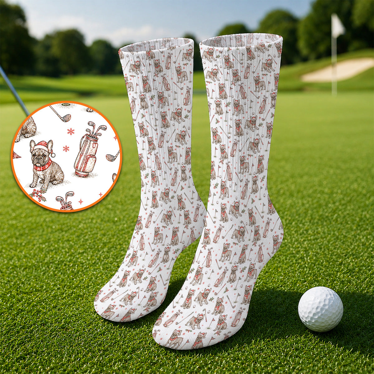 French Bulldog Christmas Golf Socks, Vintage Holiday Dog Pattern Golf Sock, Xmas Golf Gift for Golfers
