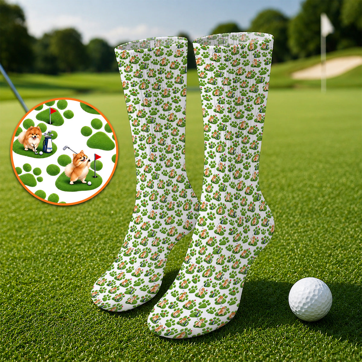 Pomeranian Paw Pattern Golf Socks, Cute Fluffy Pom Dog Pattern Golf Sock, Crazy Golf Gift For Golfers