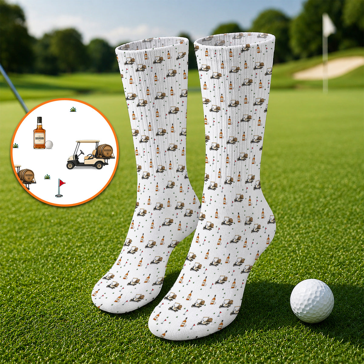 Bourbon Cart Golf Socks, Whiskey Barrel & Golf Course Pattern Sock, Funny Golf Gift For Golfer