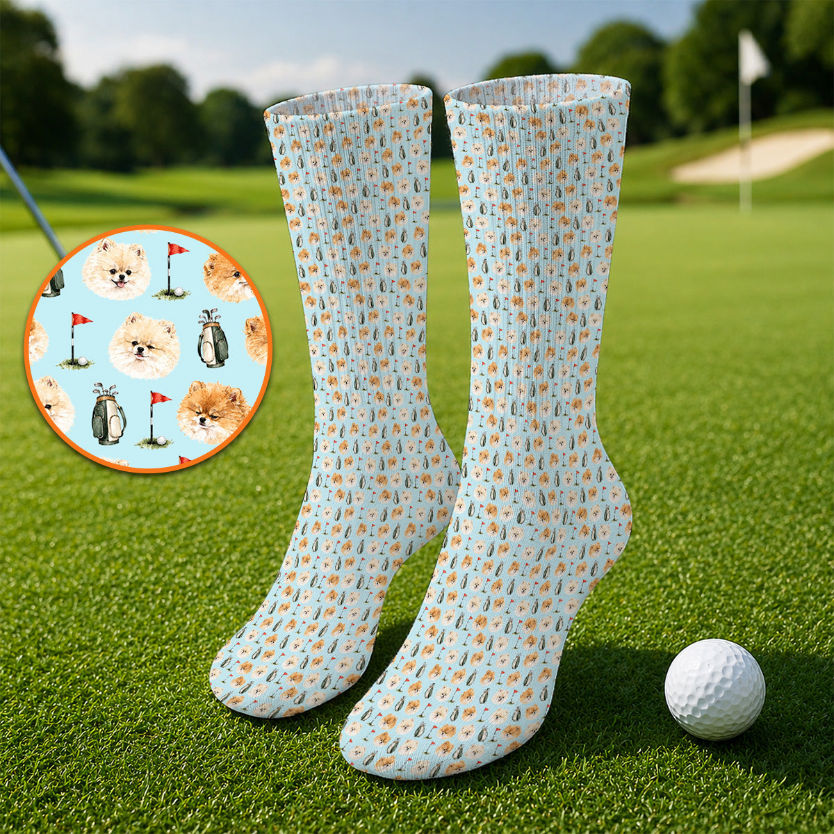Pomeranian Golf Socks, Fluffy Pom Dog & Golf Pattern Sock, Funny Golf Gift For Golfer