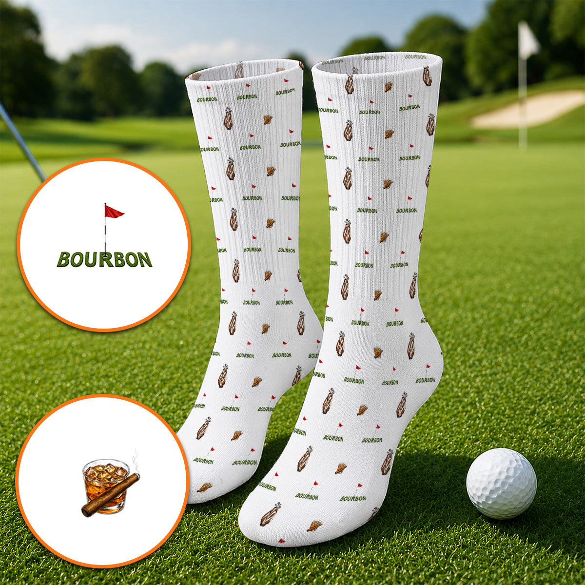 Bourbon & Cigar Golf Socks, Whiskey Golf Pattern Sock, Funny Bourbon Gift For Golfers