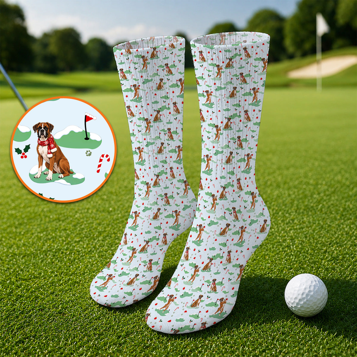 Funny Boxer Christmas Golf Socks, Xmas Boxer Dog Pattern Golf Sock, Golf Gift For Golfer
