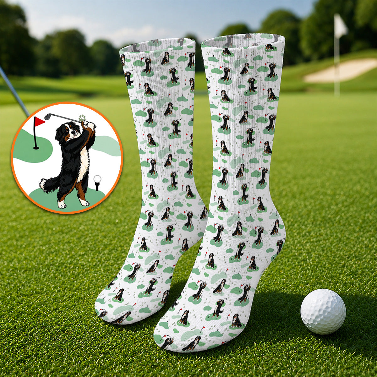 Bernese Mountain Pattern Golf Socks, Bernese Mountain Golf Sock Fot Golfer, Funny Dog Golf Gift