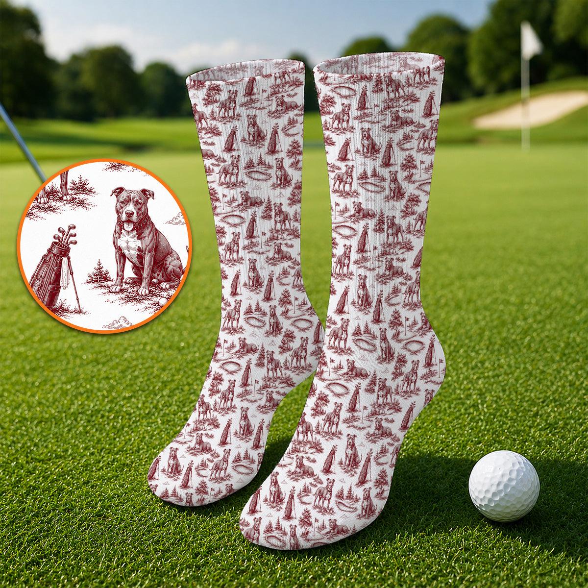 Crazy Pit Bull Golf Socks For Golfer, Toile de Jouy Pit Bull Pattern Golf Sock, Dog Lover Golf Gift