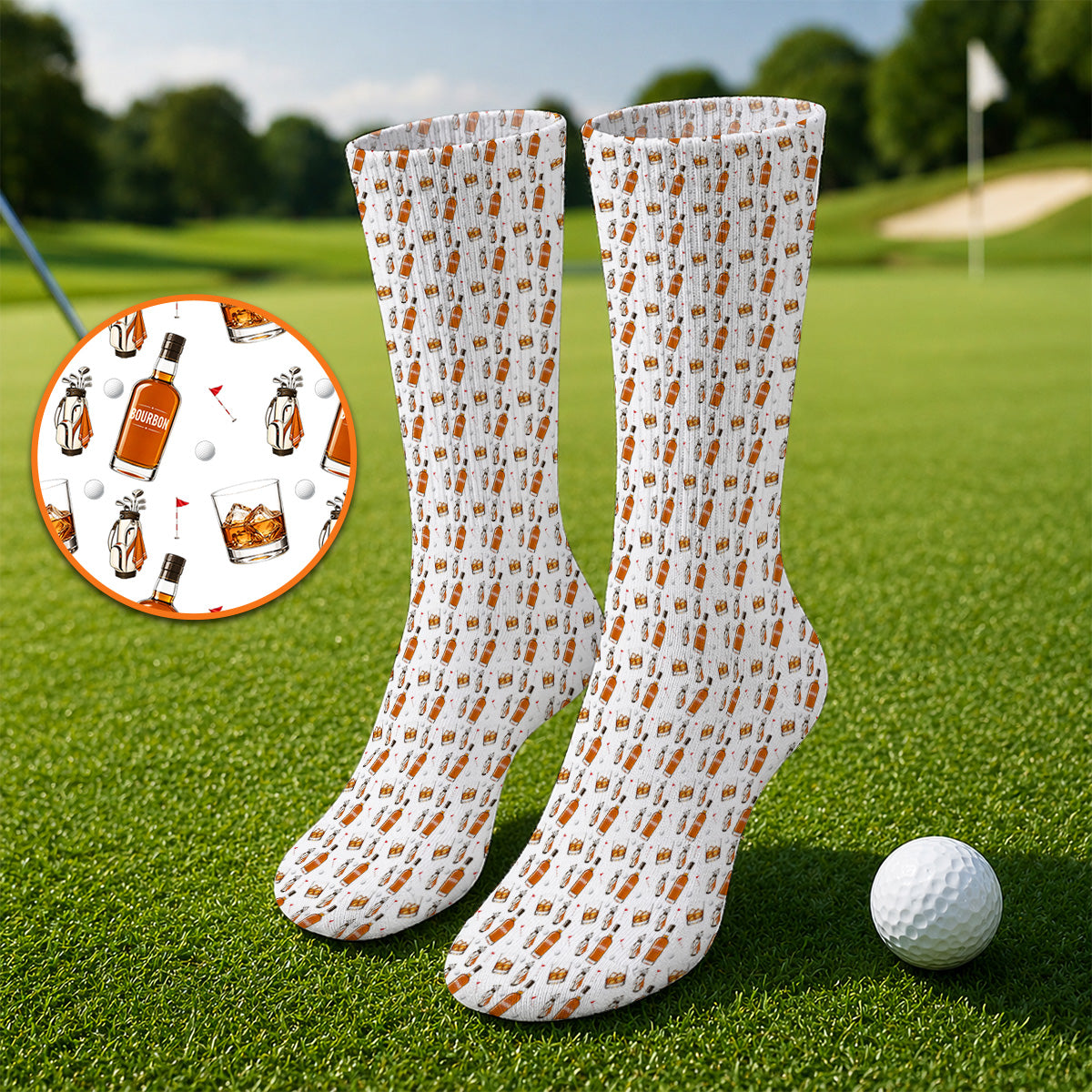 Bourbon Whiskey Golf Socks, Golf & Bourbon Pattern Sock, Unique Gift For Whiskey Loving Golfers