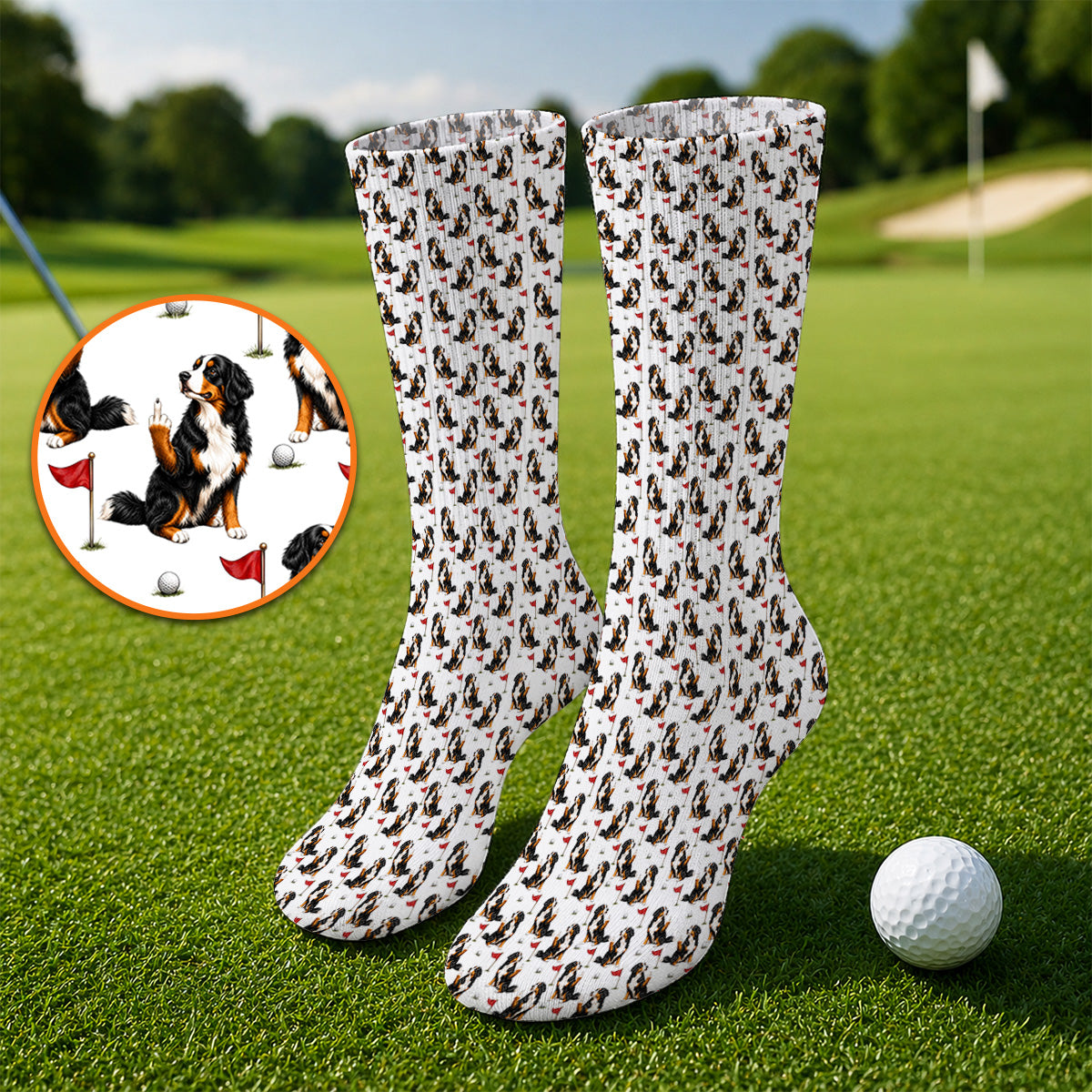 Bernese Mountain Dog Golf Pattern Socks, Bernese Golf Sock, Funny Dog Lover Golf Gift