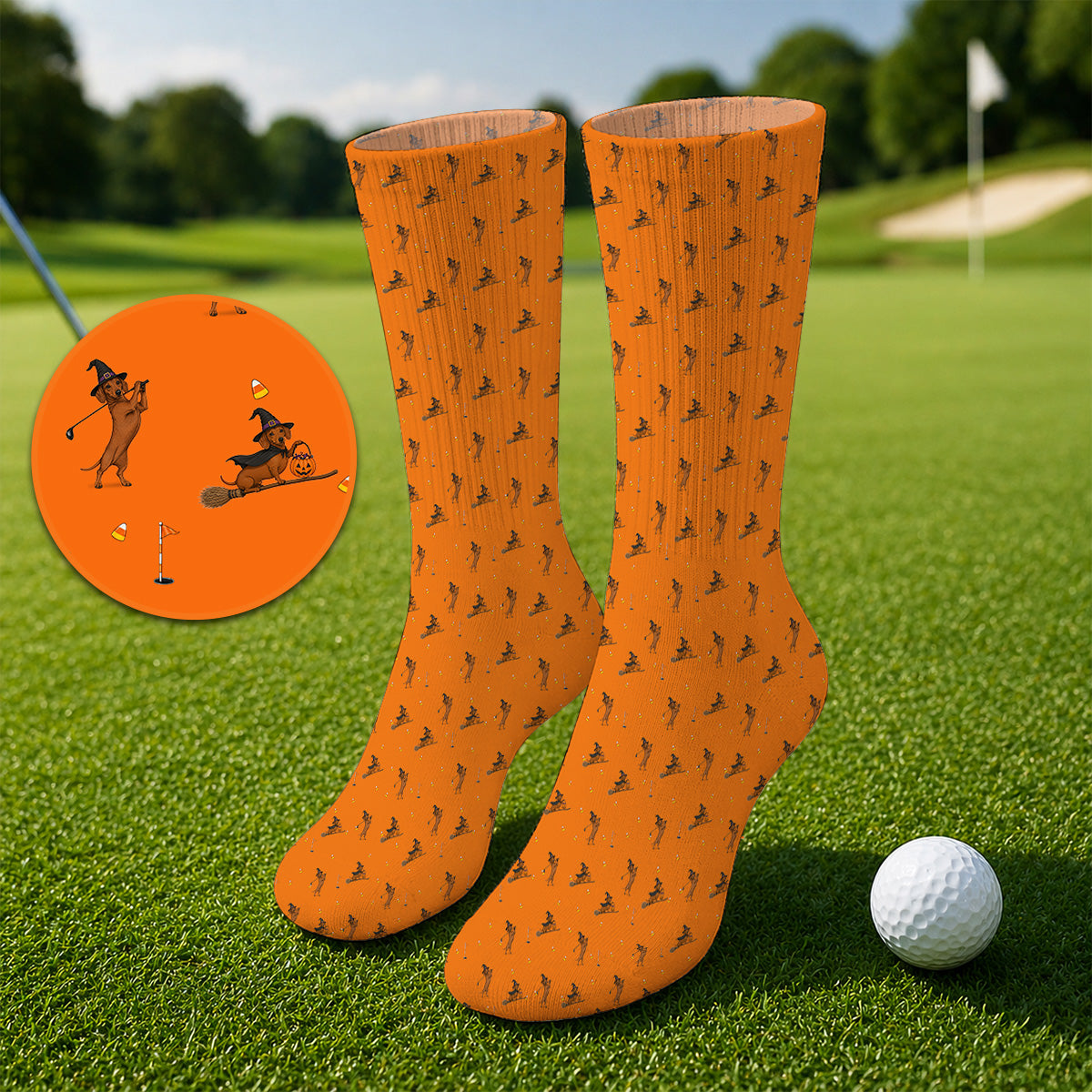 Funny Witch Dachshund Golf Sock, Halloween Wiener Dog Pattern Golf Socks, Golf Gift for Golfer