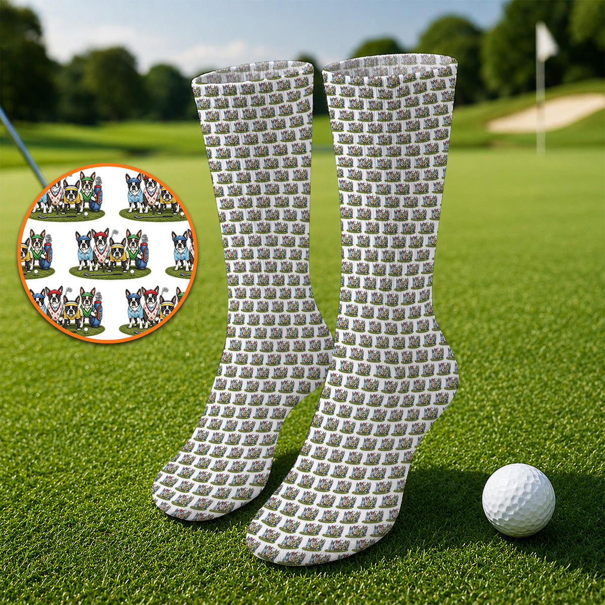 Boston Terrier Golf Pattern Socks, Funny Golfing Boston Terrier Sock, Dog Lover Golf Gift