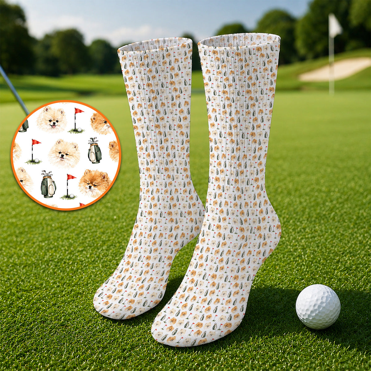 Pomeranian Golf Socks, Fluffy Pom Dog & Golf Pattern Sock, Funny Golf Gift For Golfer