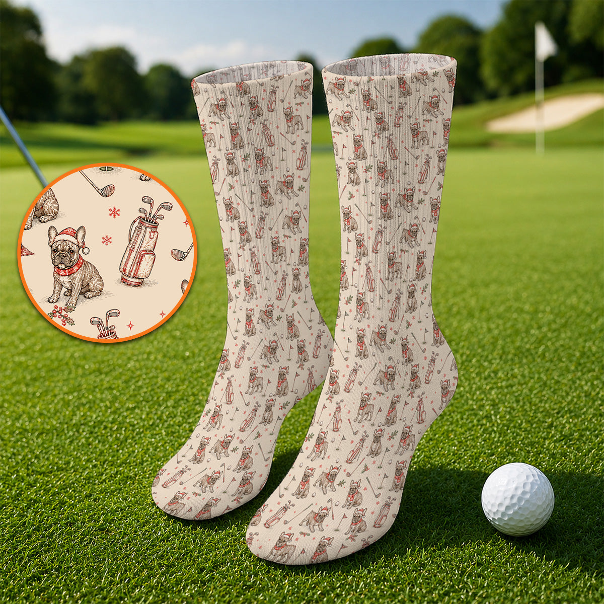 French Bulldog Christmas Golf Socks, Vintage Holiday Dog Pattern Golf Sock, Xmas Golf Gift for Golfers