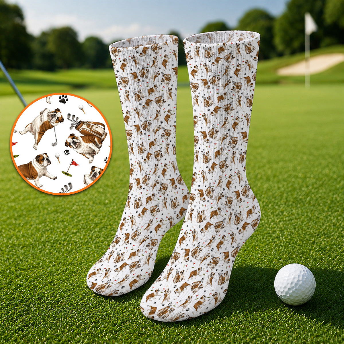 Funny Bulldog Pattern Golf Socks For Golfer, English Bulldog Golf Sock, Dog Golf Gift