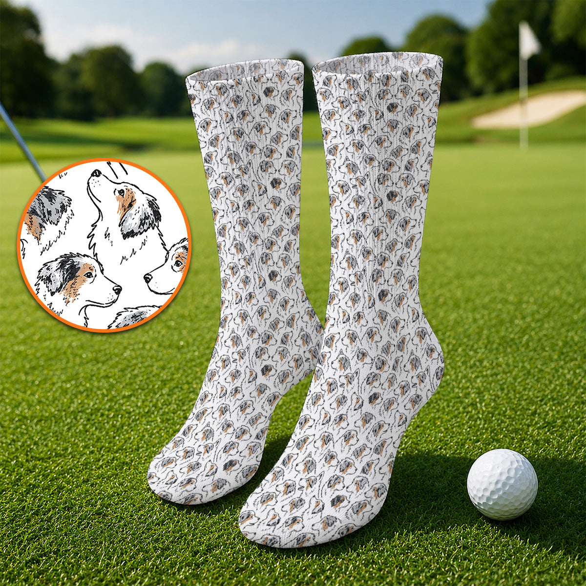 Australian Shepherd Golf Socks, Aussie Dog Pattern Golf Sock, Golf Gift For Golfer