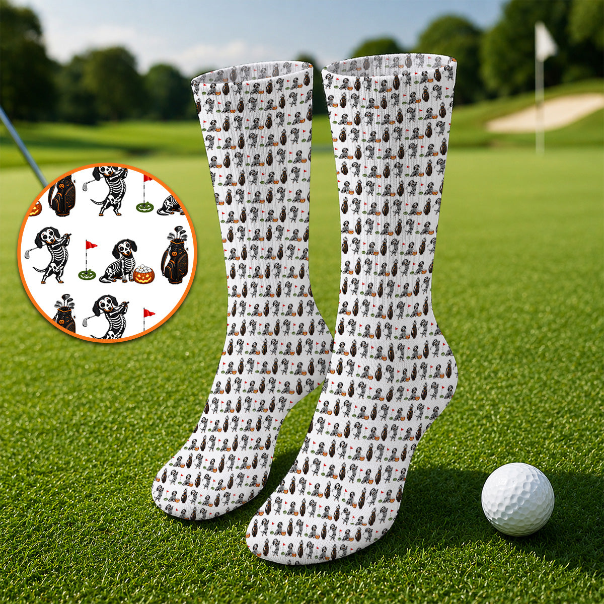 Halloween Dachshund Golf Socks, Skeleton Wiener Dog Pattern Golf Sock, Funny Golf Gift for Golfer