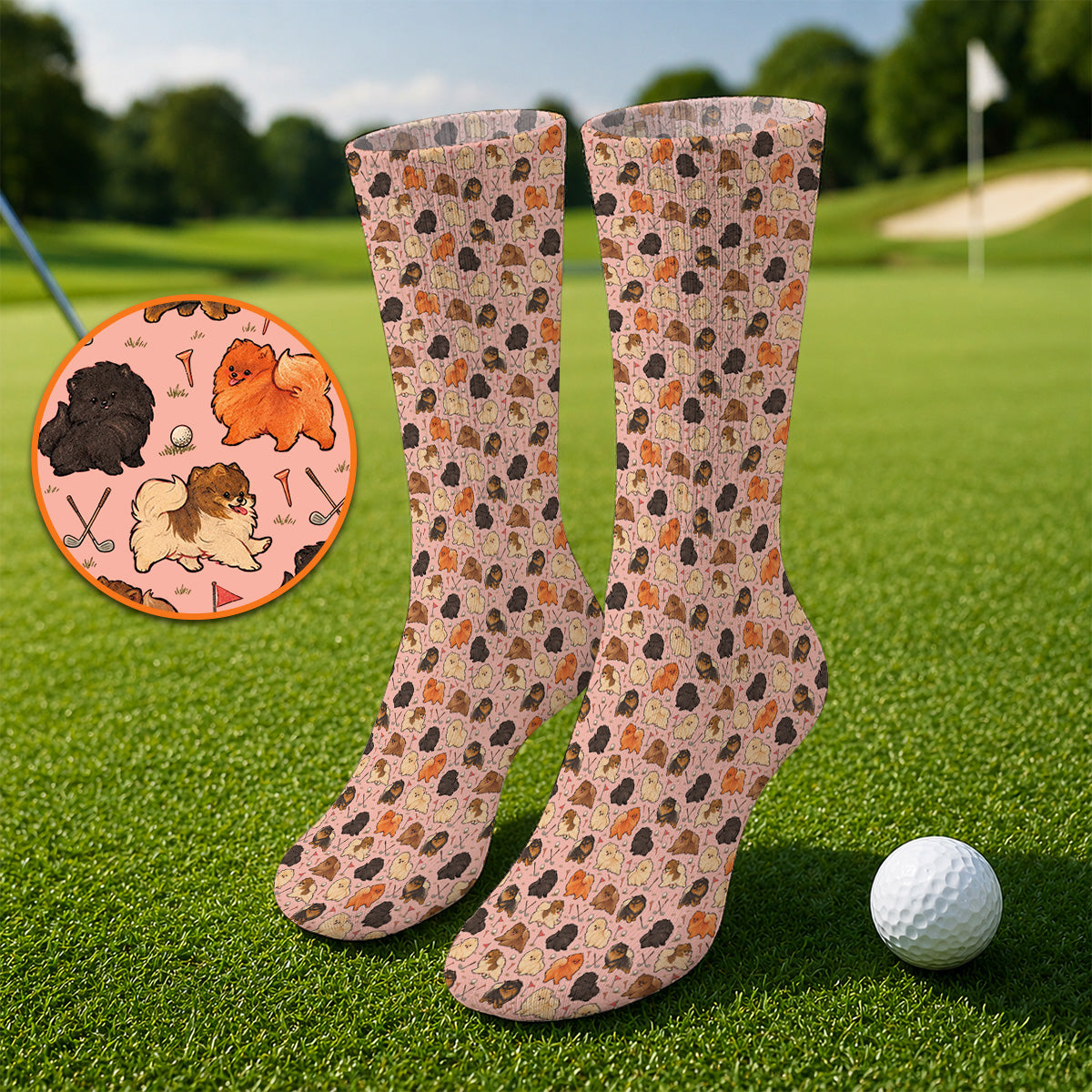 Funny Pomeranian Golf Socks, Pom Dog & Golf Pattern Sock, Golf Gift For Golfer