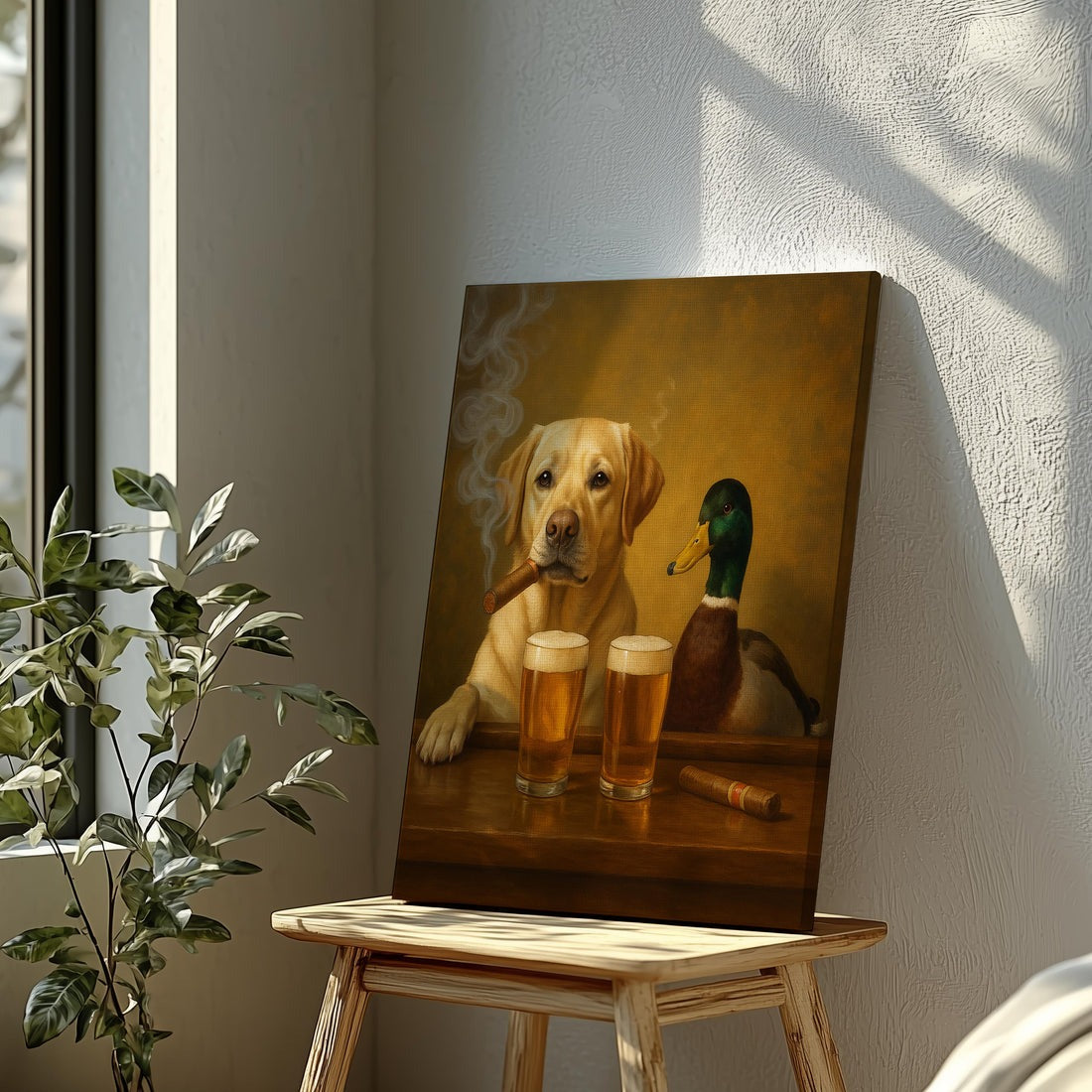 Funny Dog And Duck Beer Painting Canvas, Hunting Cabin Wall Art For Man Cave Decor