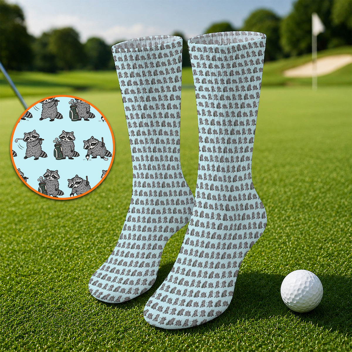 Funny Raccoon Golf Socks, Cute Raccoon Golf Pattern Sock, Golf Gift for Golf Lovers