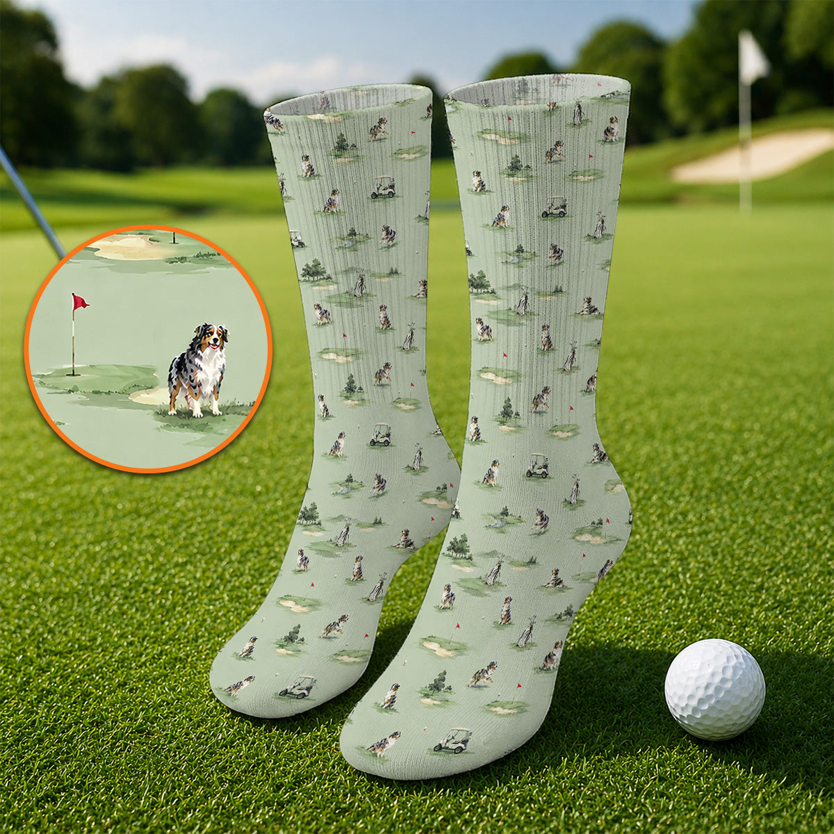Australian Shepherd Golf Socks, Aussie Dog Pattern Golf Sock, Funny Golf Gift For Golfer