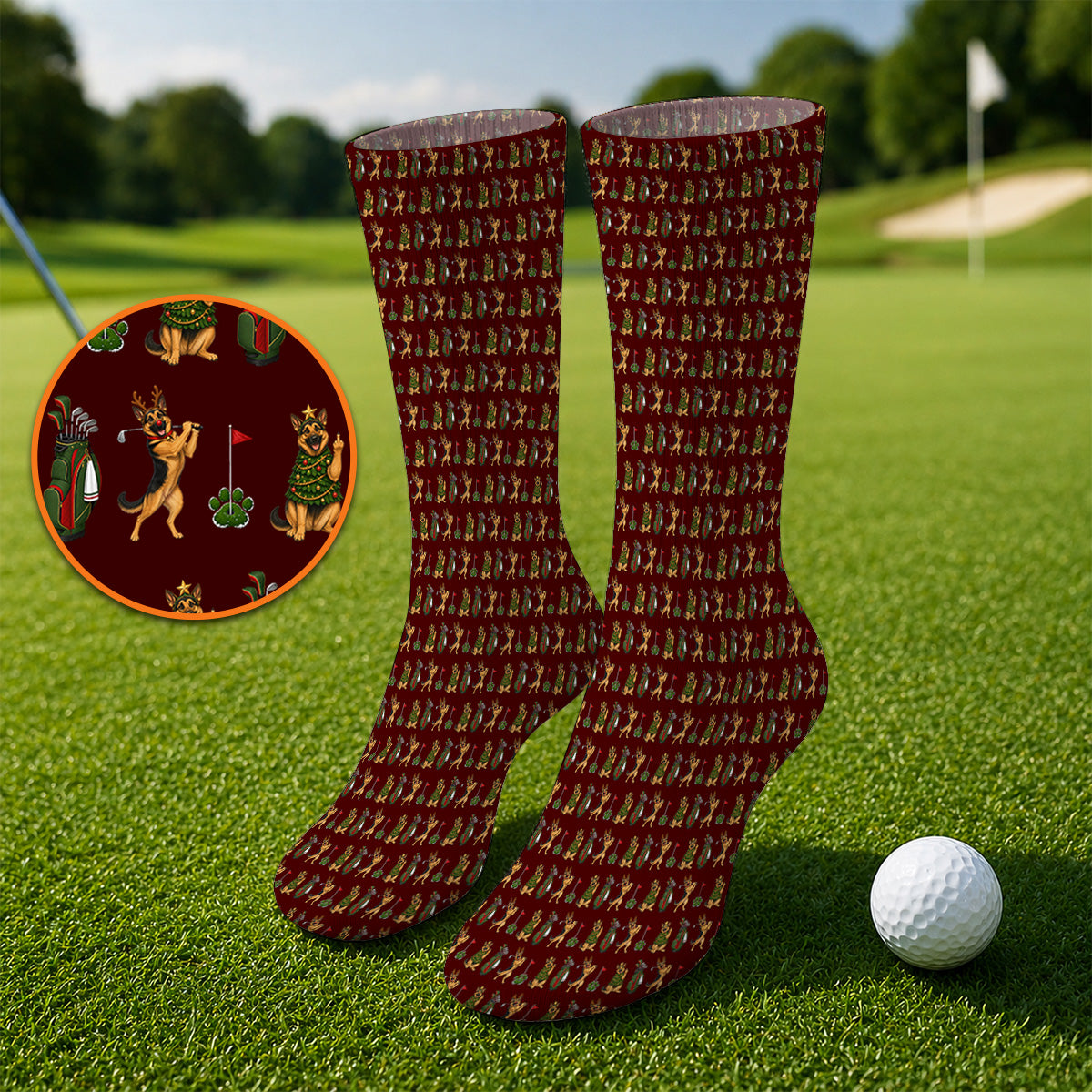 German Shepherd Christmas Golf Socks, German Shepherd Pattern Golf Sock, Xmas Golf Gift For Golfer