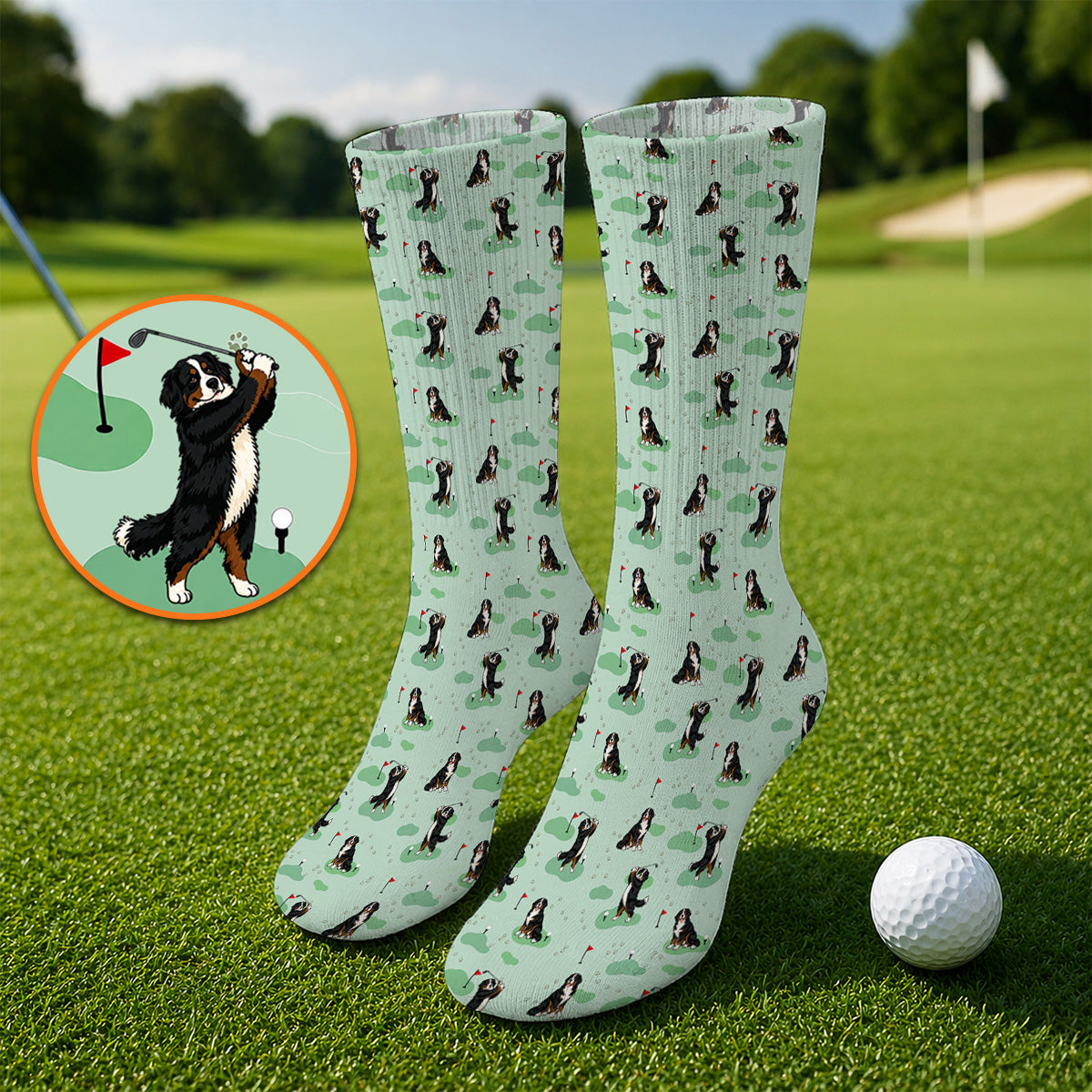 Bernese Mountain Pattern Golf Socks, Bernese Mountain Golf Sock Fot Golfer, Funny Dog Golf Gift