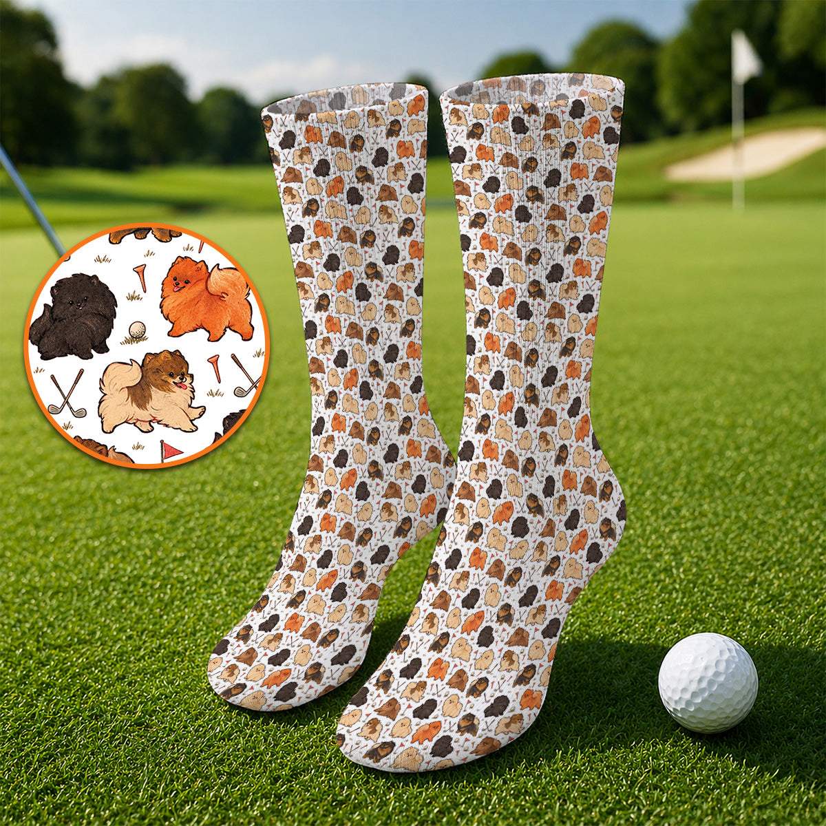 Funny Pomeranian Golf Socks, Pom Dog & Golf Pattern Sock, Golf Gift For Golfer