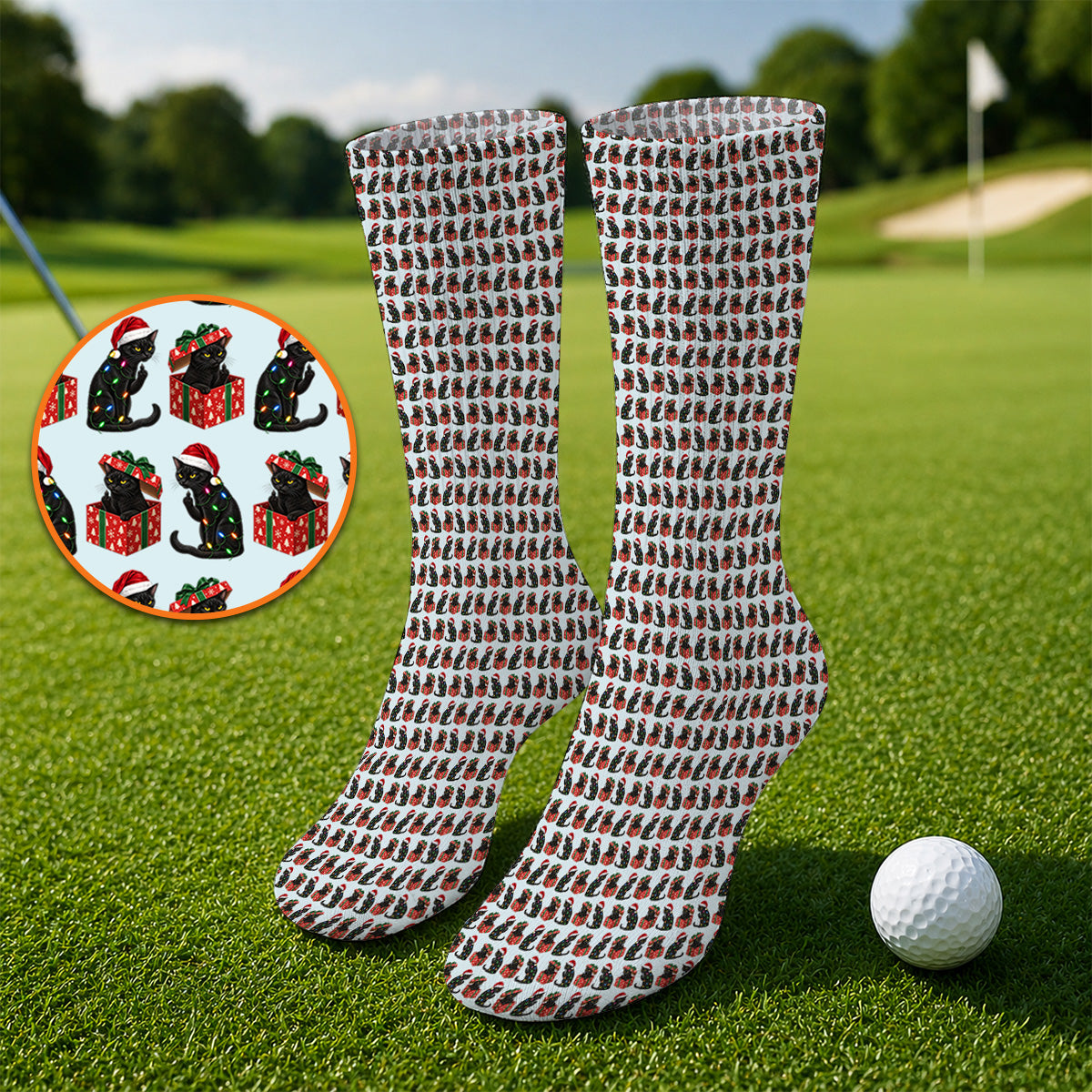 Black Cat Christmas Pattern Golf Socks, Funny Christmas Cat Golf Sock, Holiday Gift for Cat Lovers
