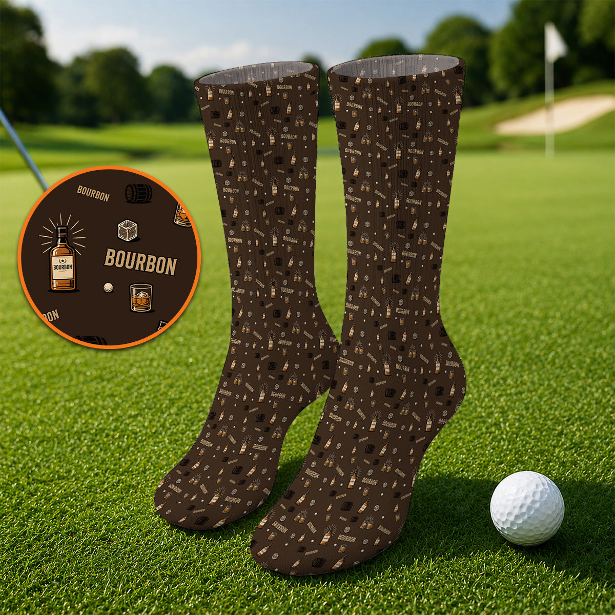Bourbon Barrel Golf Socks, Whiskey Bottle & Rocks Pattern Sock, Vintage Drinking Golf Shirt for Golfer