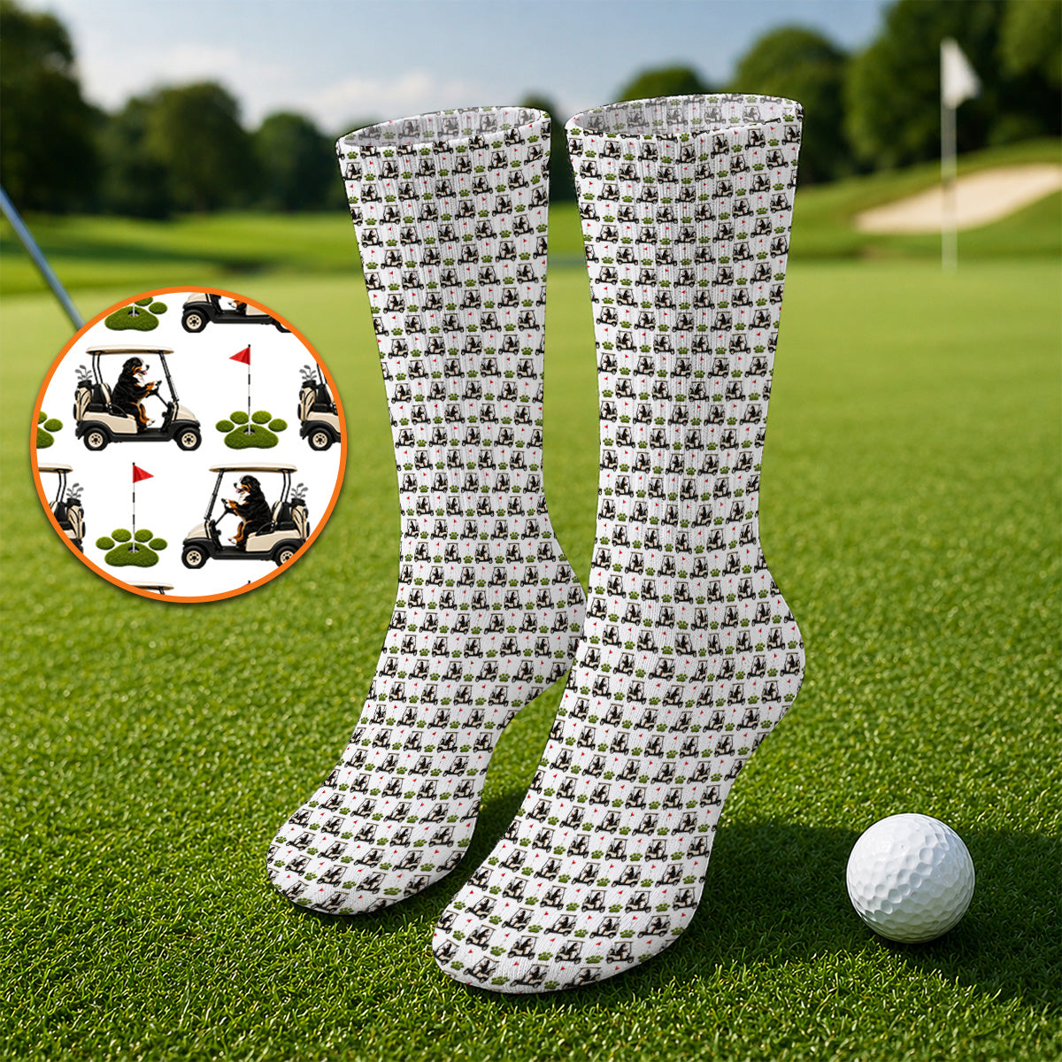 Bernese Mountain Golf Cart Pattern Socks, Funny Bernese Golf Sock, Golf Gift For Golfer