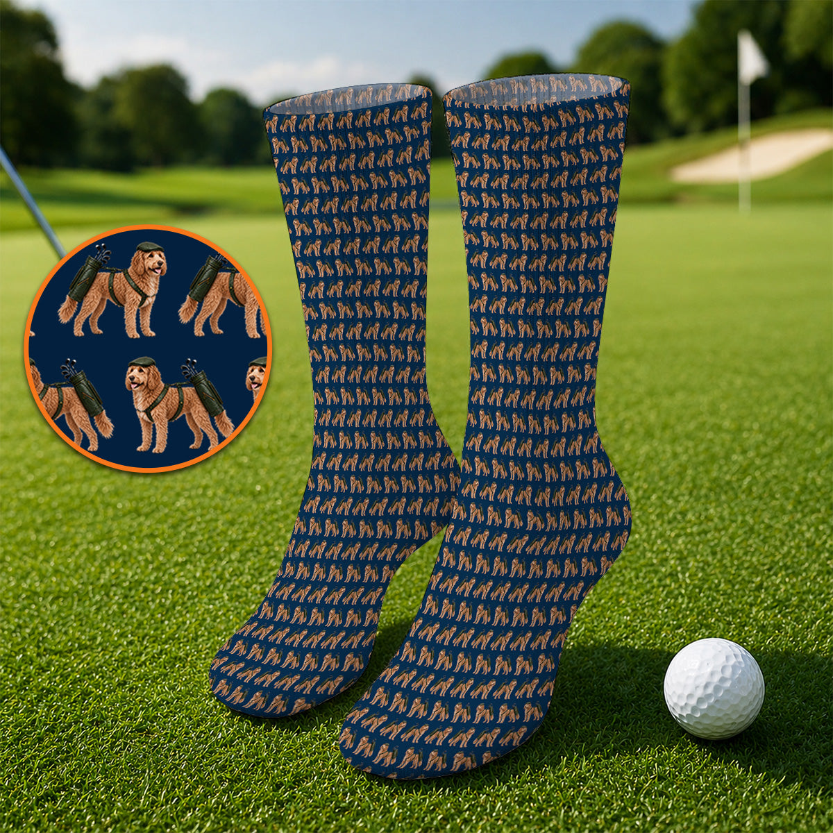 Goldendoodle Golf Socks, Funny Golfing Doodle Dog Pattern Golf Sock, Golf Gift For Golfers