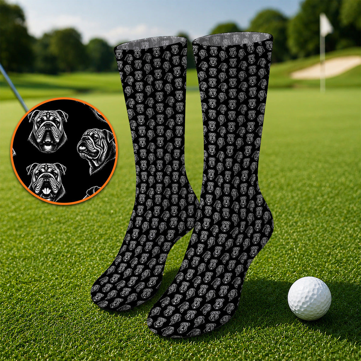 English Bulldog Golf Pattern Socks, Bulldog Golf Sock, Crazy Golf Gift For Golfers