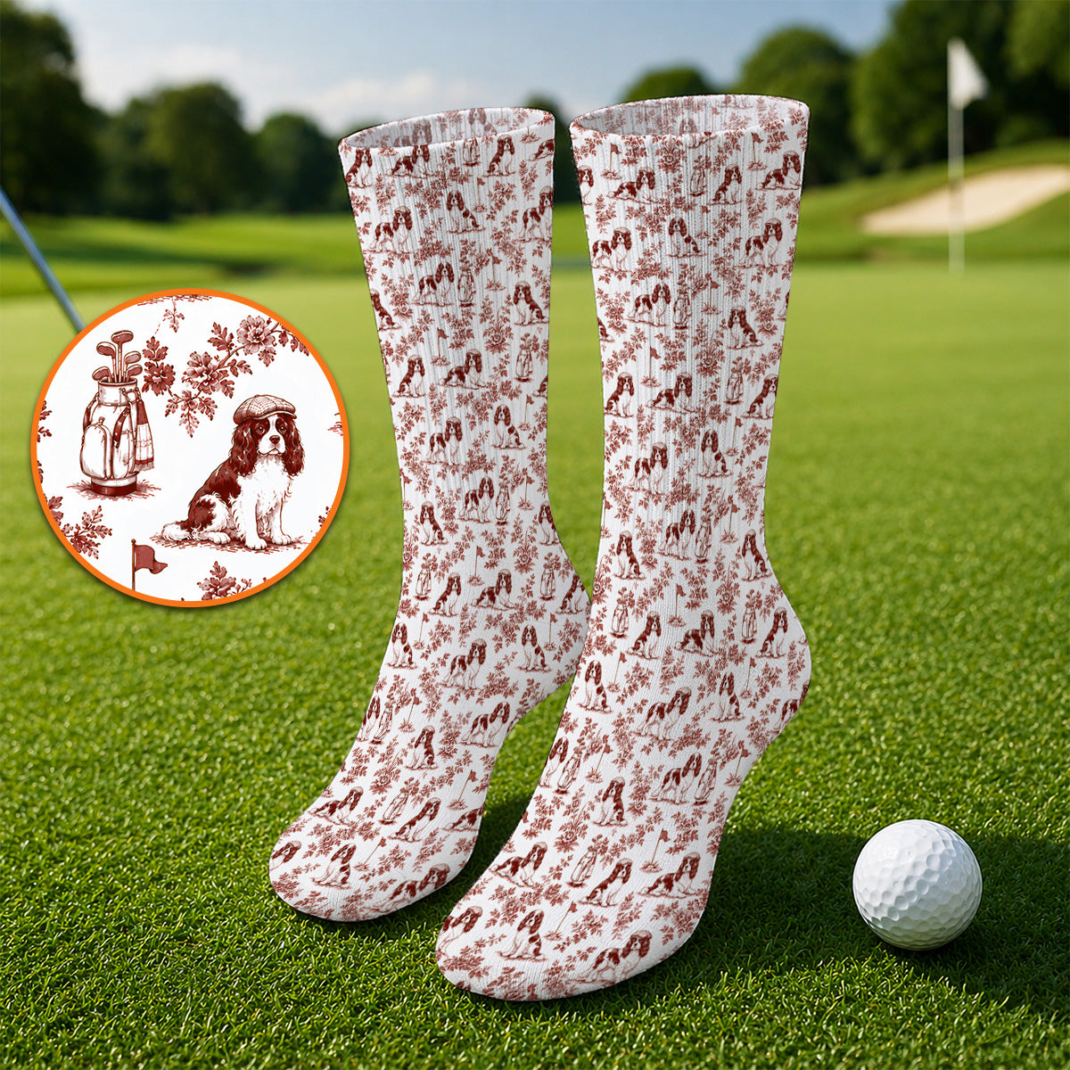 Funny Cavalier King Charles Spaniel Golf Sock, Toile de Jouy Cavalier Pattern Golf Socks, Golf Gift For Golfer