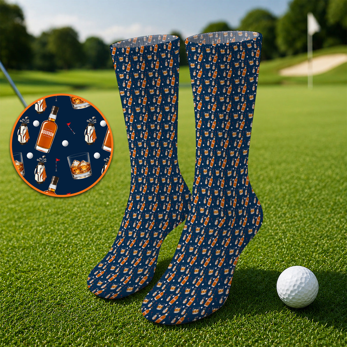 Bourbon Whiskey Golf Socks, Golf & Bourbon Pattern Sock, Unique Gift For Whiskey Loving Golfers