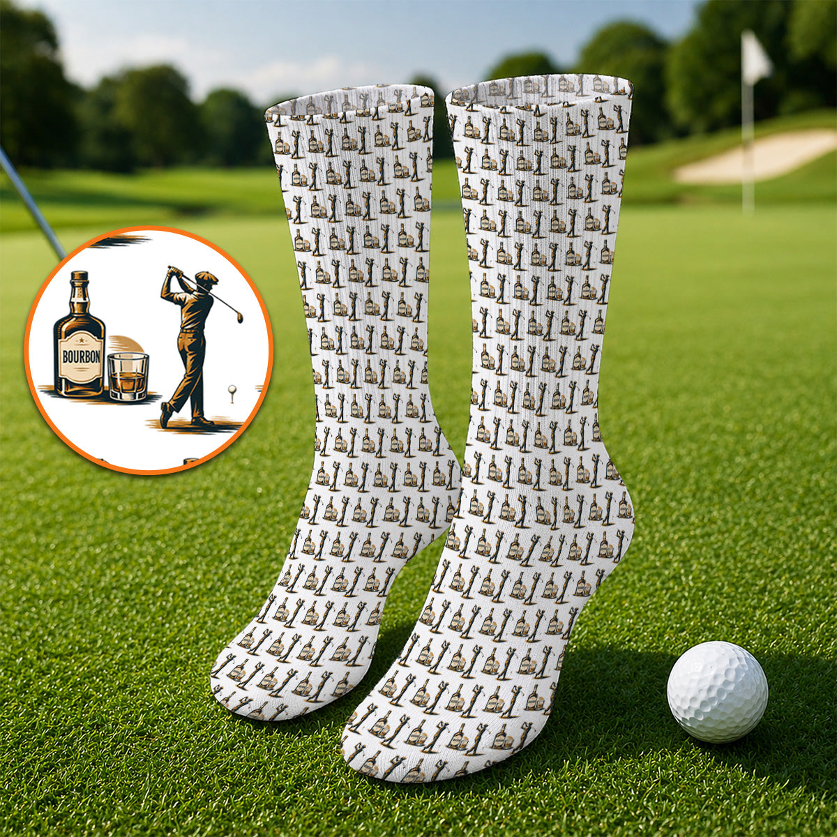 Bourbon Golf Socks, Whiskey Lover Golf Pattern Sock, Funny Golf Gift For Golfer