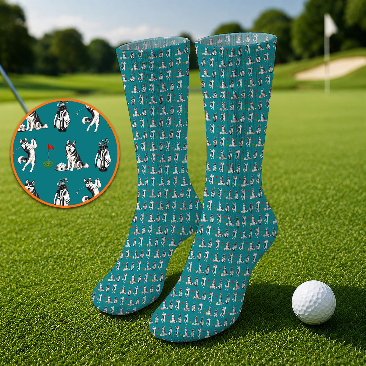 Funny Husky Golf Socks, Husky Sibir Pattern Golf Sock For Dog Lover, Golf Gift For Golfer