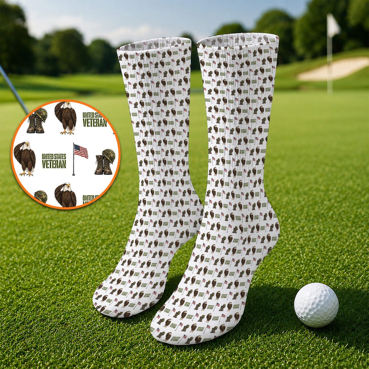 United States Veteran Pattern Golf Socks, American Eagle & Military Tribute Golf Sock, Patriotic USA Veteran Gift for Golfers