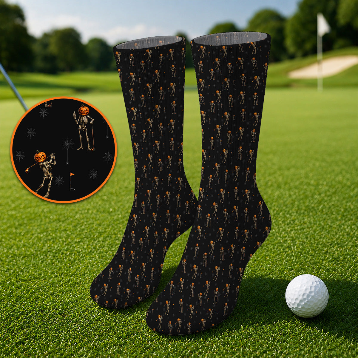 Halloween Skeleton Golf Socks, Pumpkin Head Pattern Golf Sock, Funny Golf Gift for Golfer